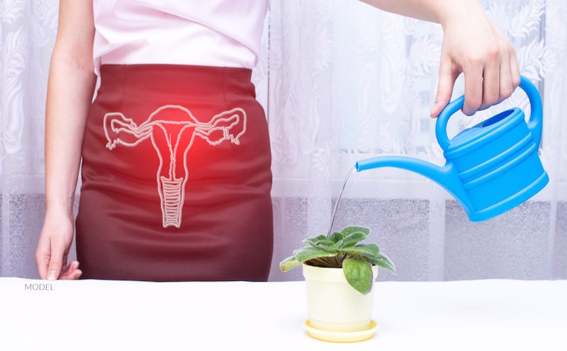 A woman watering a plant with a diagram of her pelvic organs over her pelvis.